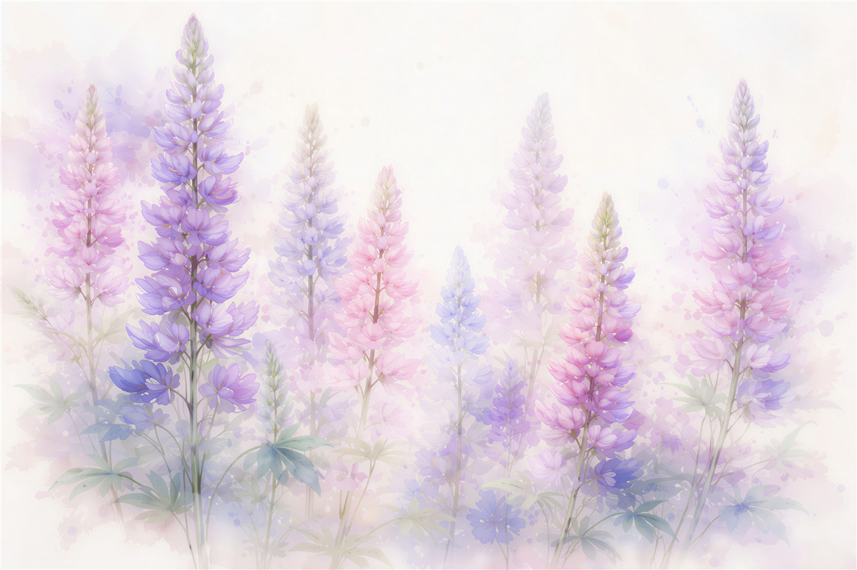 Fototapeten Pastellfarbene Lupinen in Aquarell