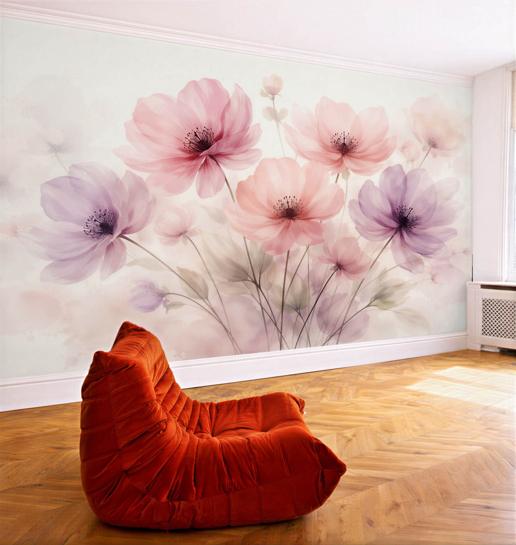 Fototapeten Pastellfarbene Blumen im Aquarellschleier