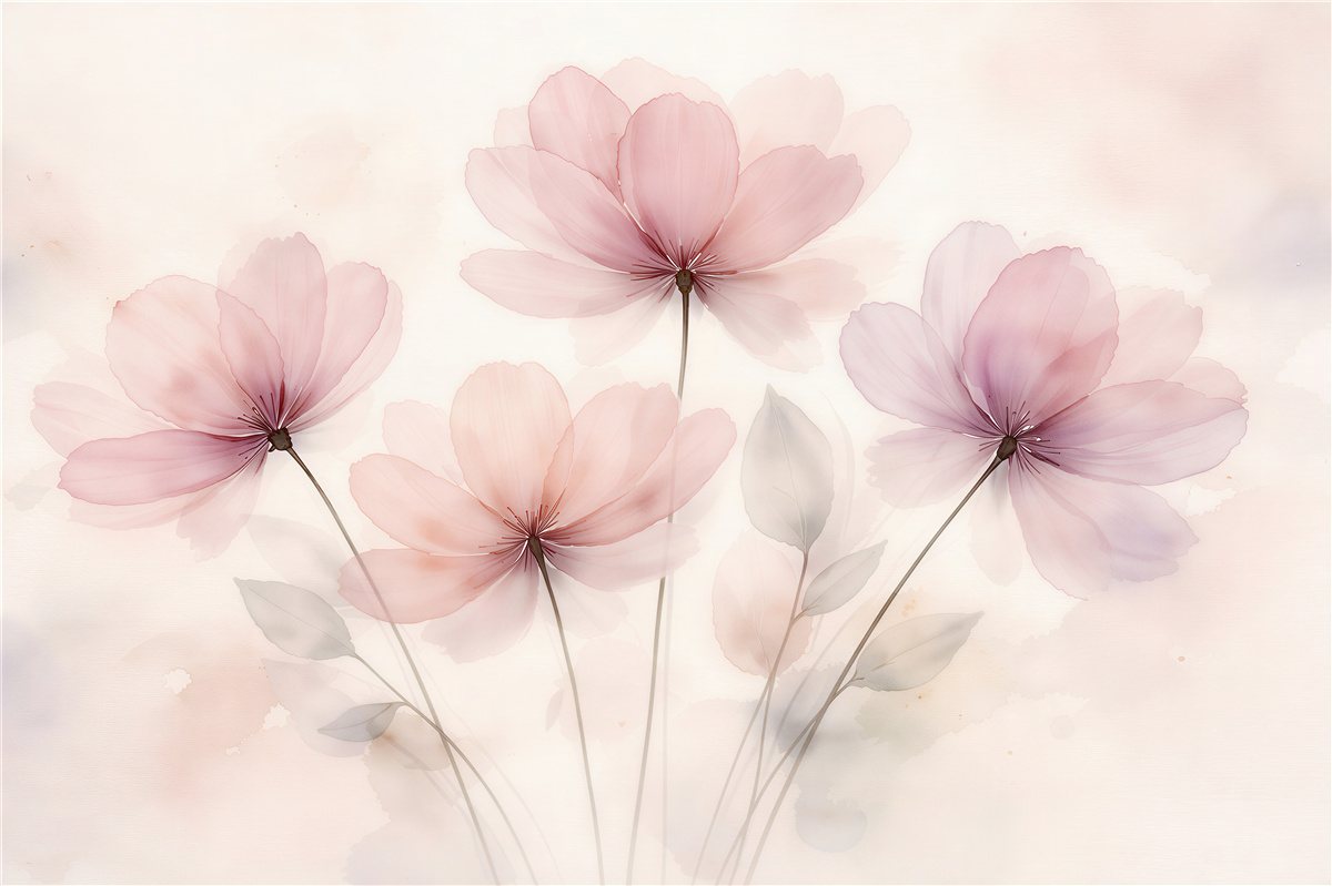 Fototapeten Puderfarbene Blumen in leichter Aquarellmalerei