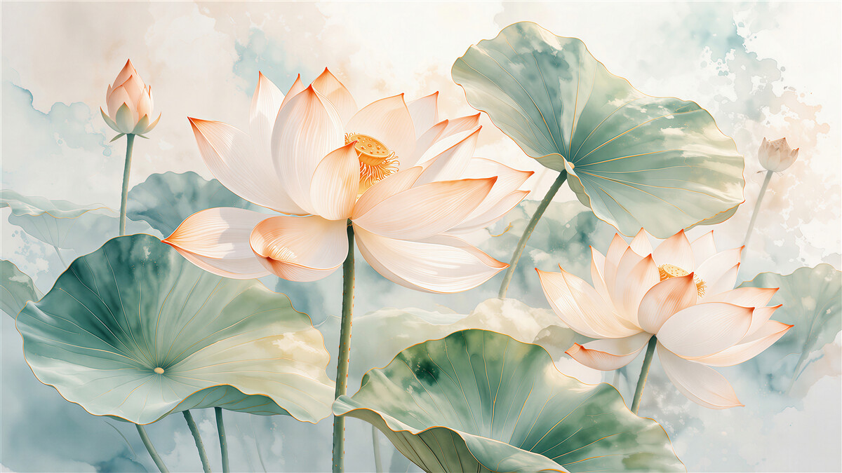 Fototapeten Lotusblumen und Blätter in Aquarell