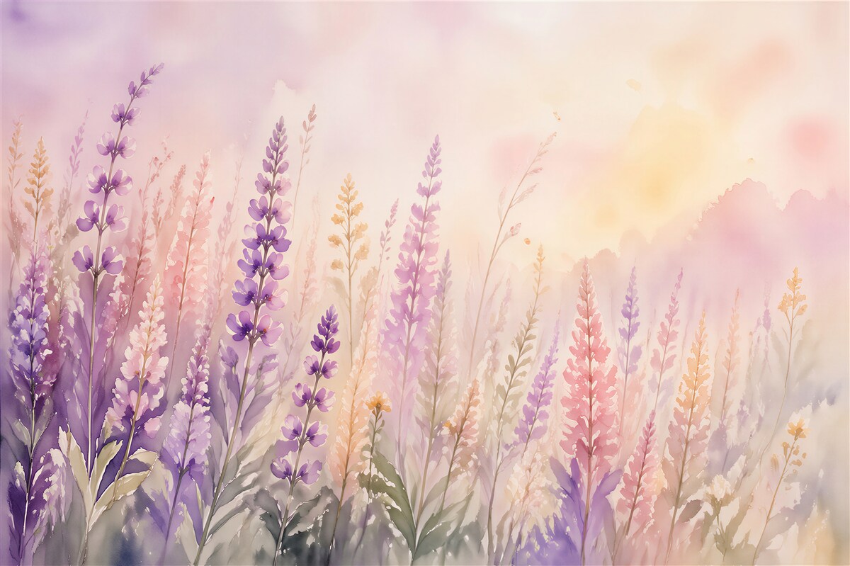 Fototapeten Pastellfarbene Wiese im Morgengrauen
