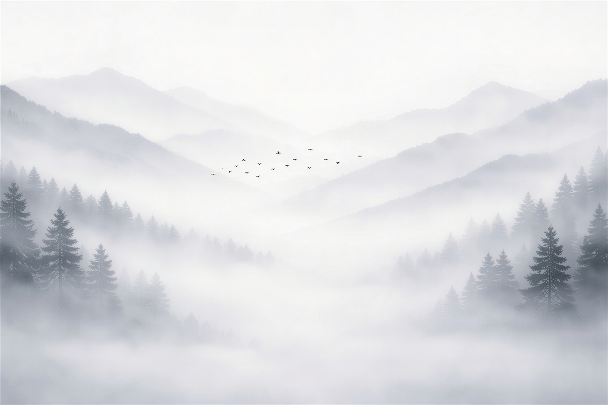 Fototapeten Neblige Berge und Waldstille