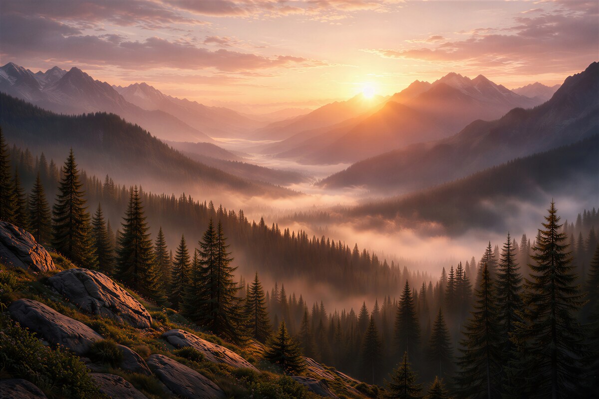 Fototapeten Bergsonnenaufgang über dem Tal