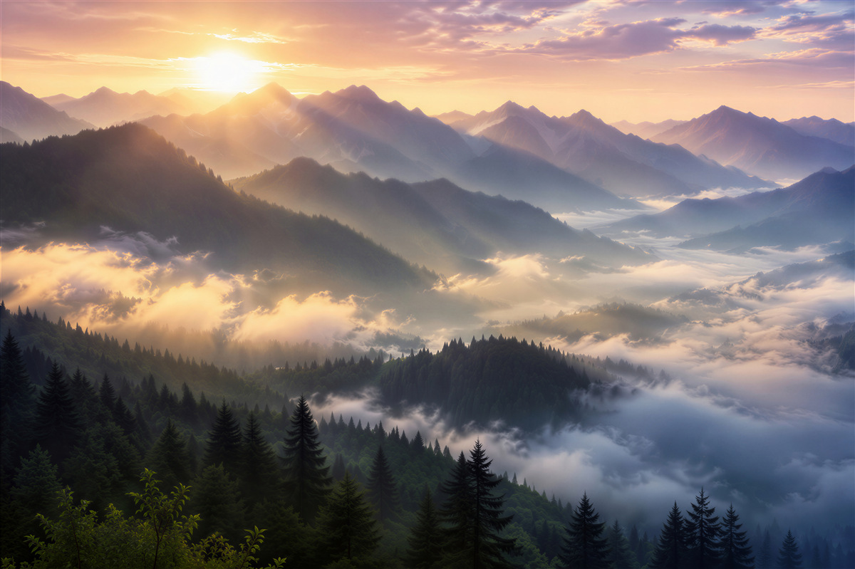 Fototapeten Sonnenaufgang über nebligen Bergen