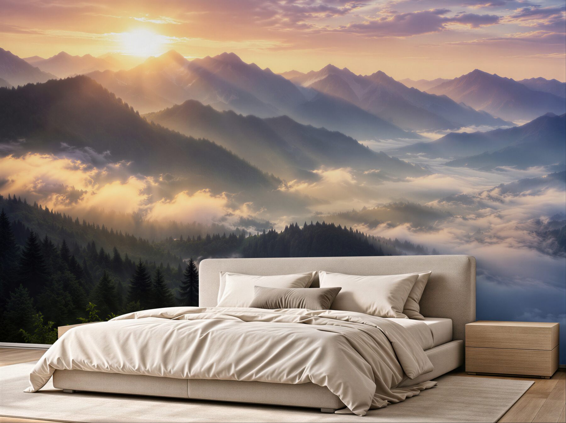 Fototapeten Sonnenaufgang über nebligen Bergen
