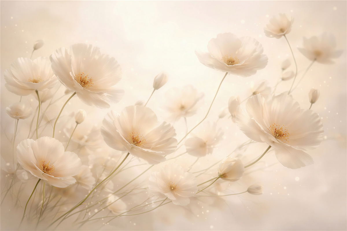 Fototapeten Cremefarbene Blumen im leuchtenden Nebel