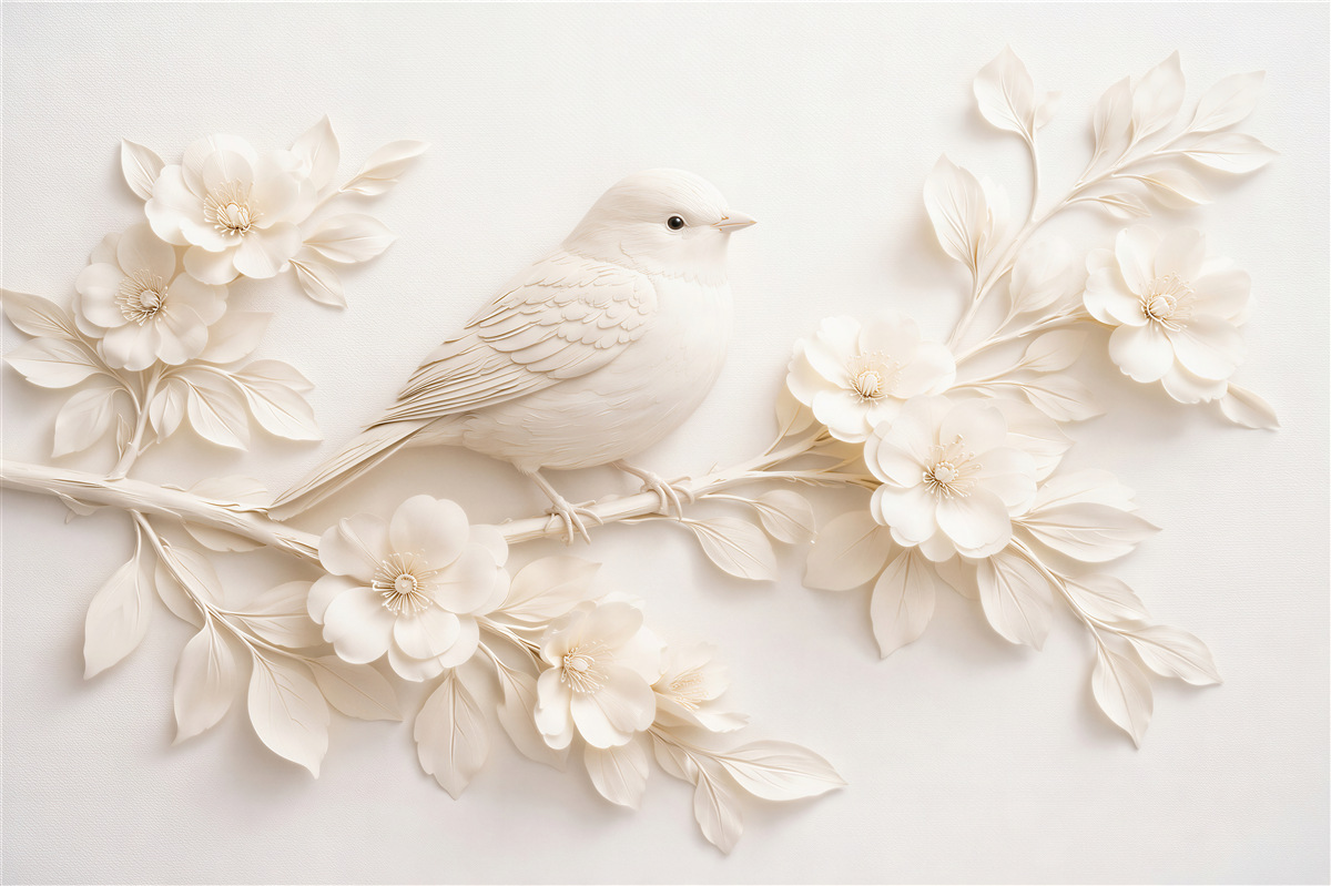 Fototapeten Cremiger Vogel in Blumen