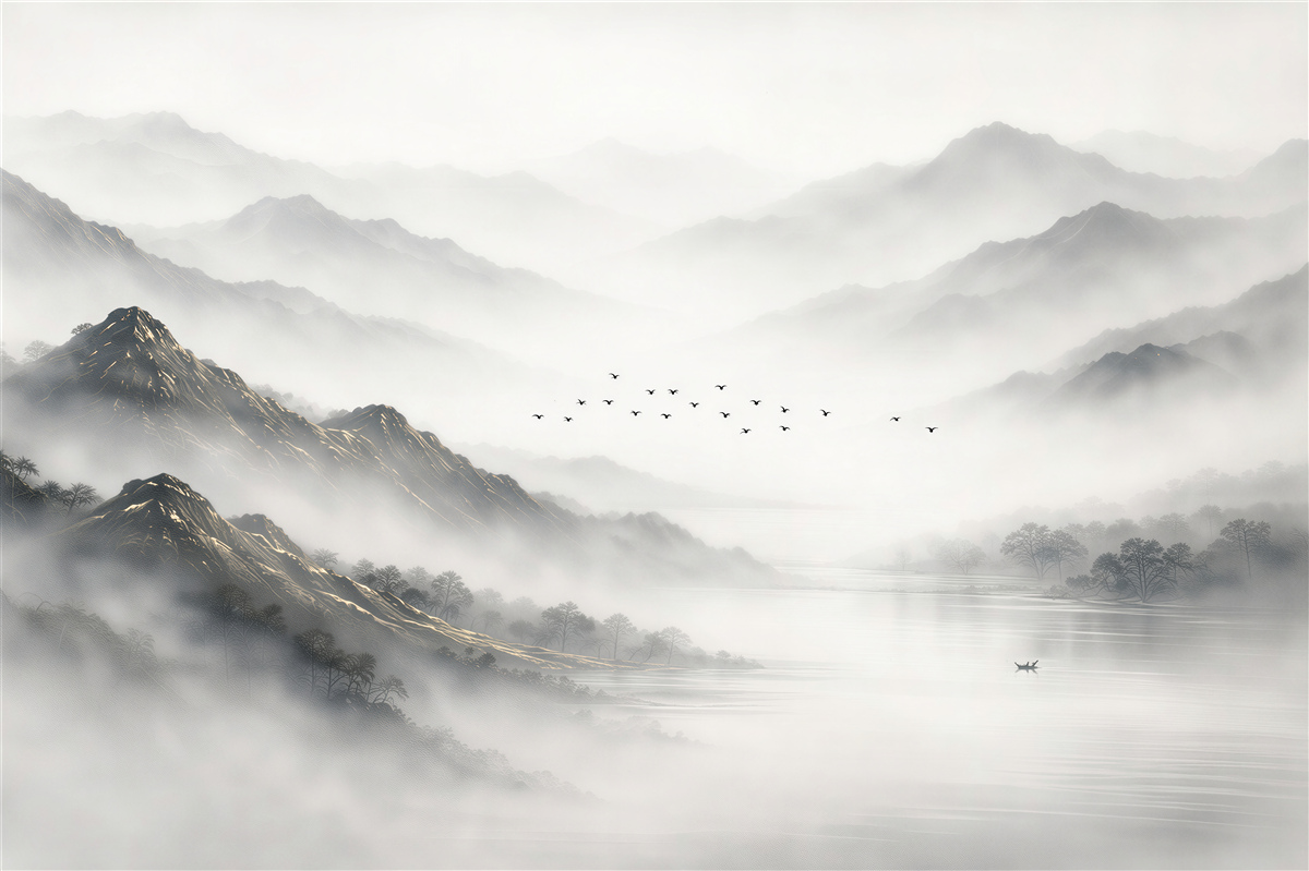 Fototapeten Berge im Nebel über dem See