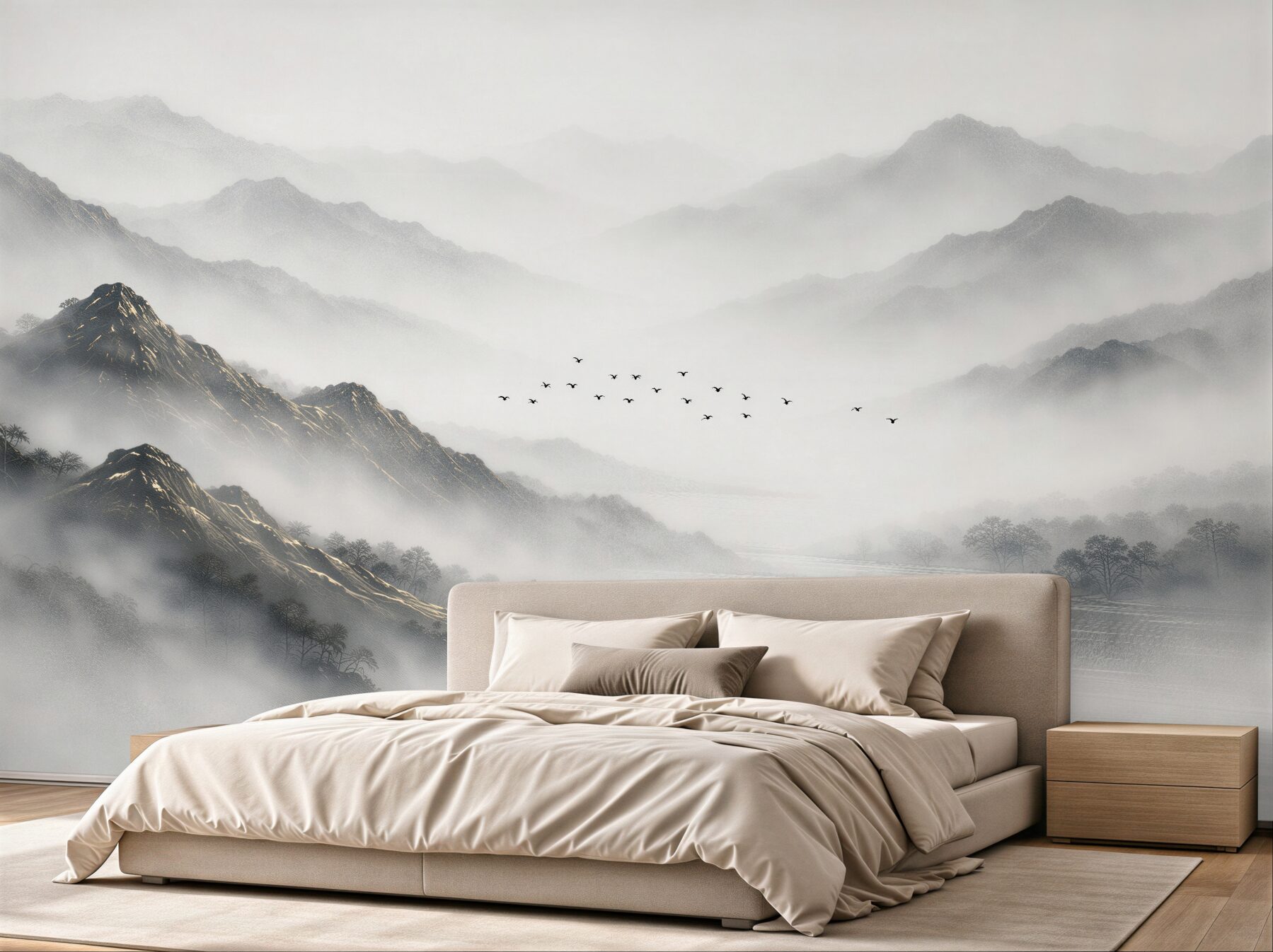 Fototapeten Berge im Nebel über dem See