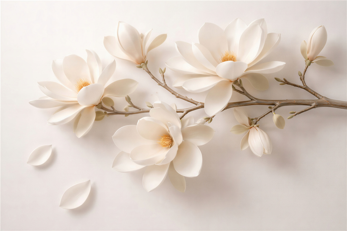 Fototapeten Cremefarbene 3D-Magnolie am Ast