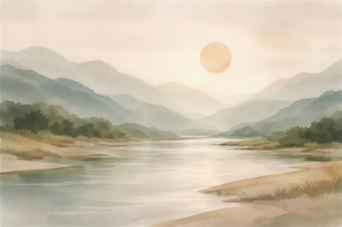 Fototapeten Ruhiger Sonnenaufgang über dem Gebirgsfluss