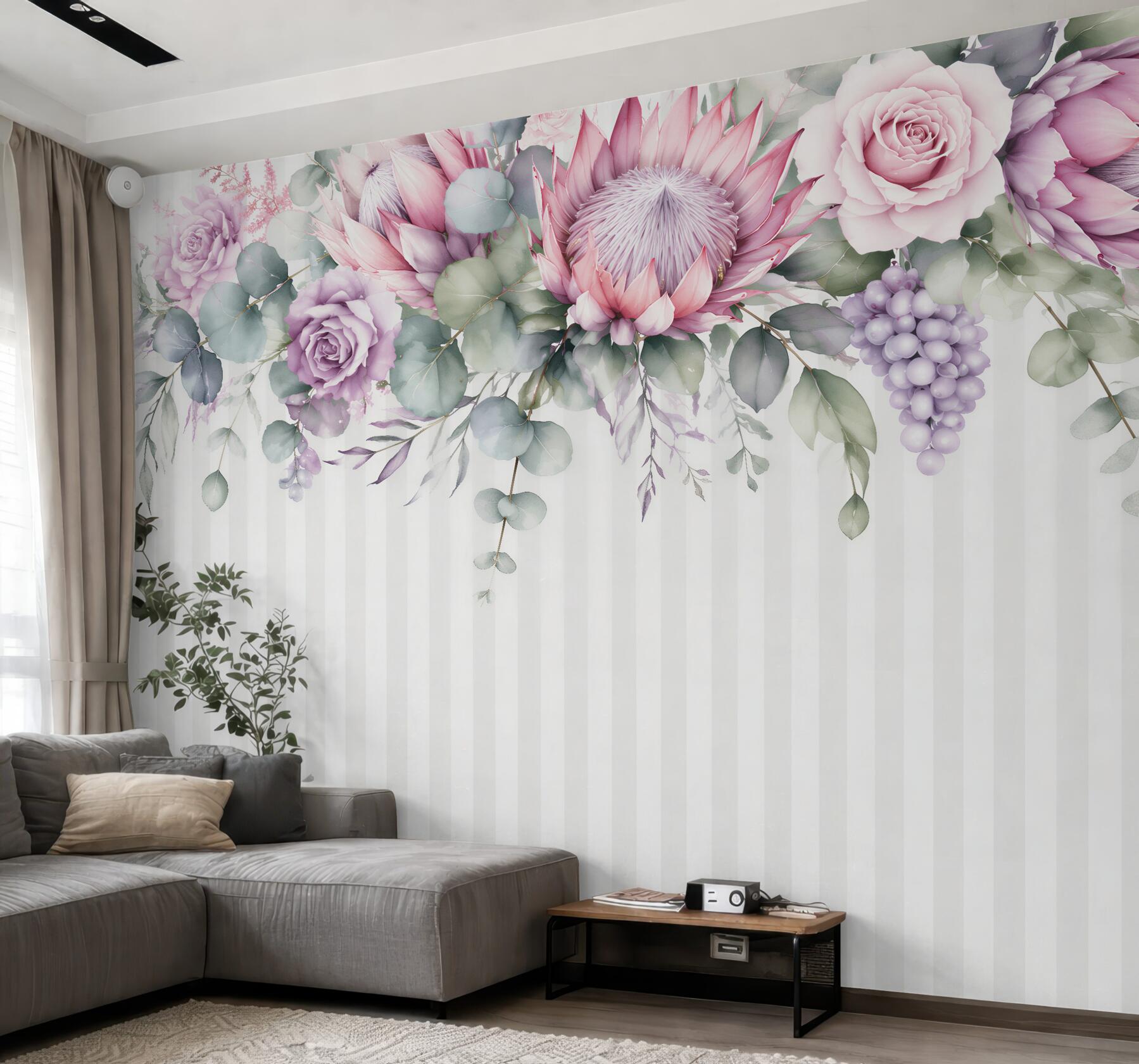Fototapeten Romantische Komposition aus Rosen und Protea