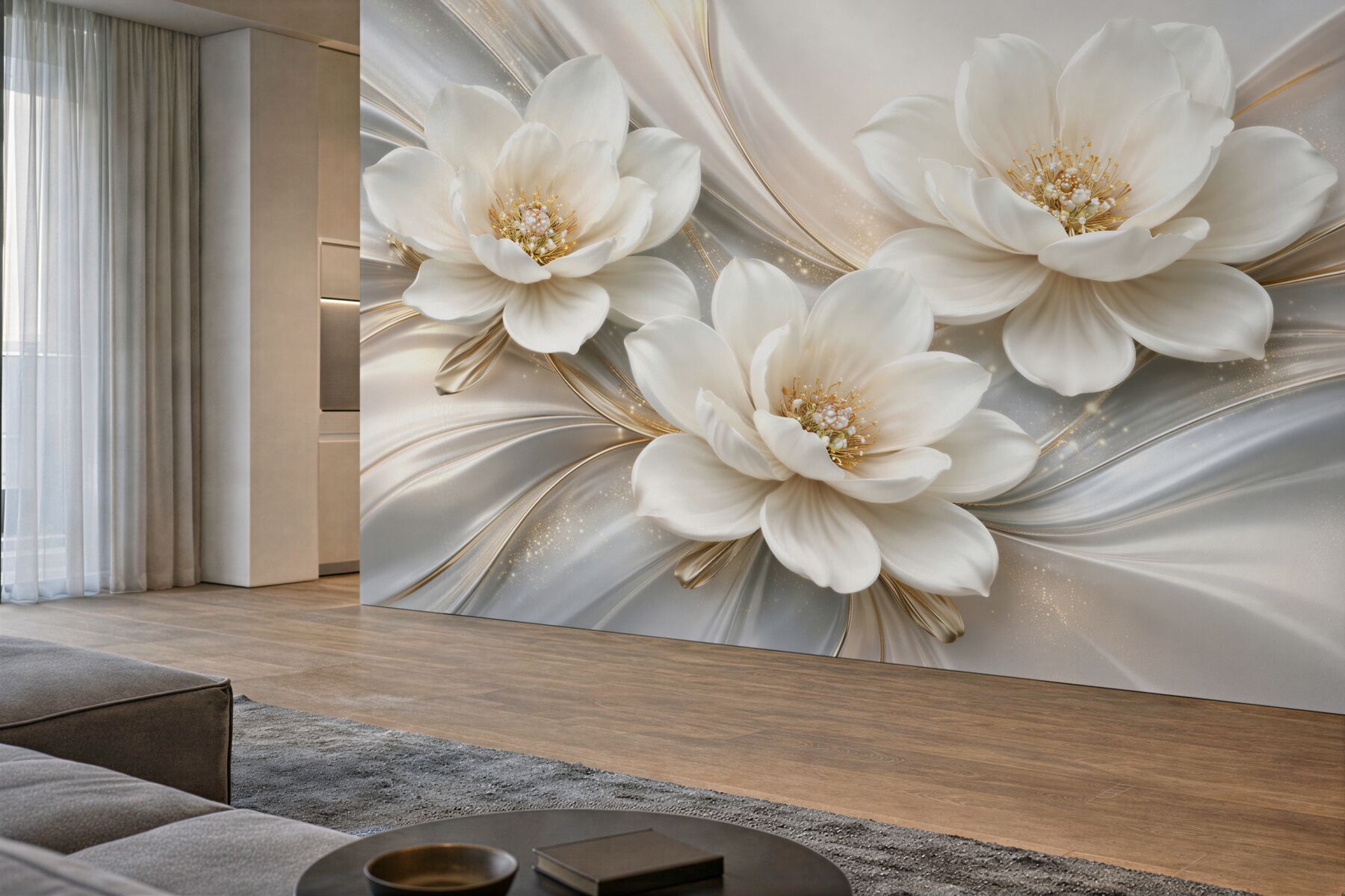 Fototapeten Perlenartige Blumen im goldenen Glanz