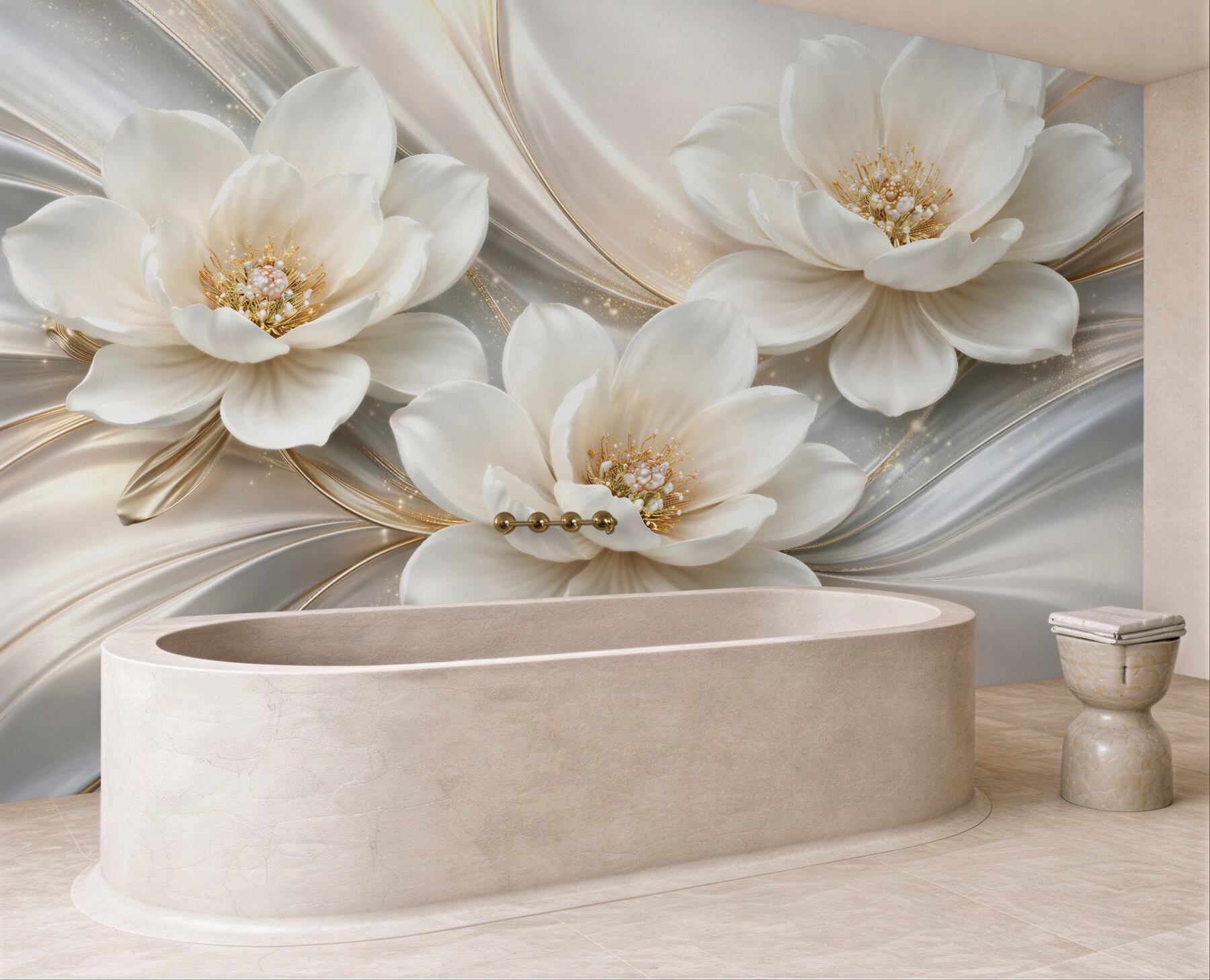 Fototapeten Perlenartige Blumen im goldenen Glanz
