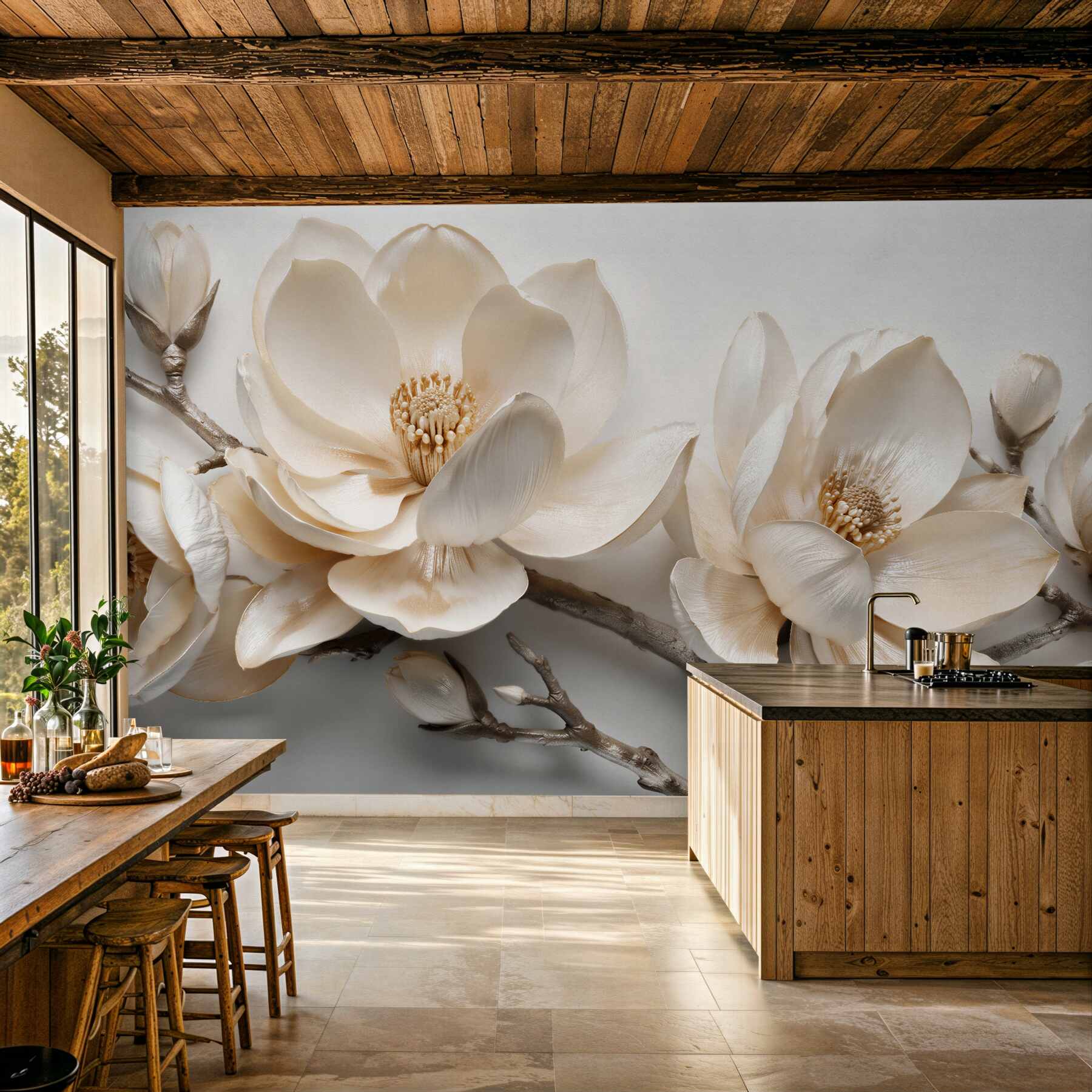 Fototapeten Cremefarbene Magnolien auf Zweigen