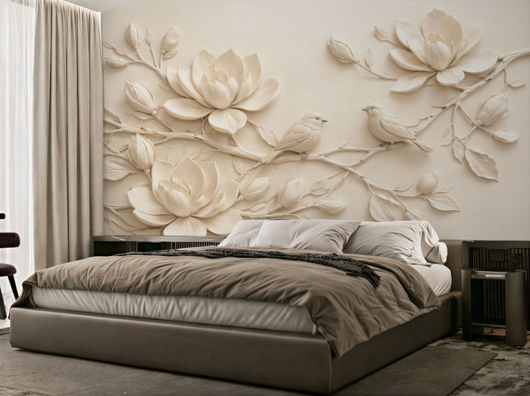 Fototapeten Cremefarbene Magnolien mit Vögeln