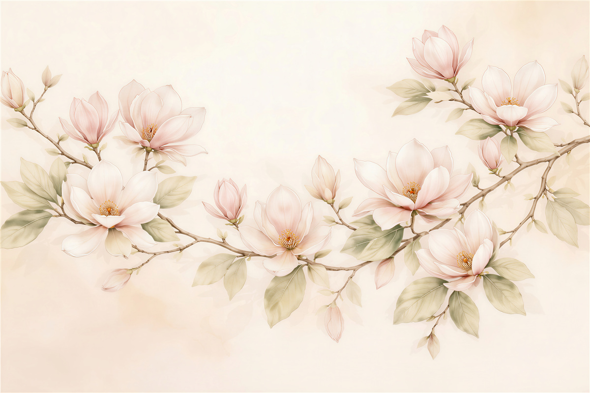 Fototapeten Pastellfarbene Magnolien auf einem zarten Zweig