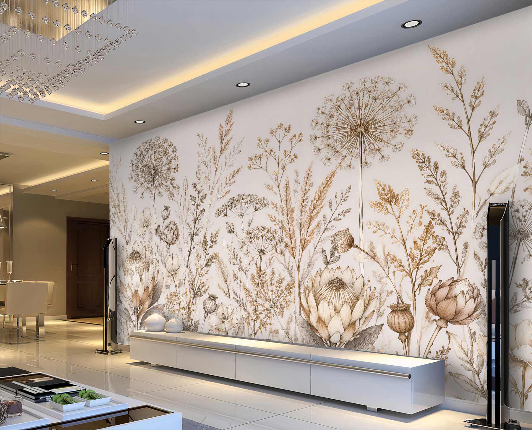 Fototapeten Goldene gezeichnete Wildblumen