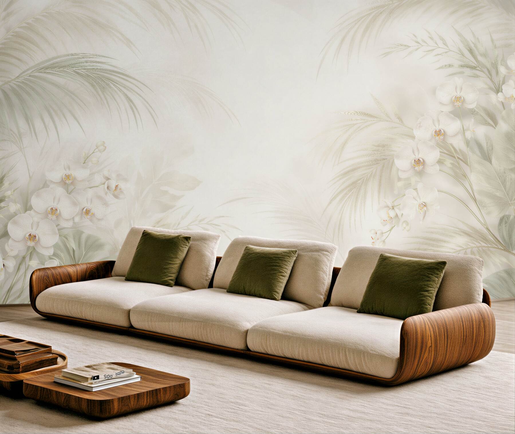 Fototapeten Cremefarbene Orchideen und Palmblätter