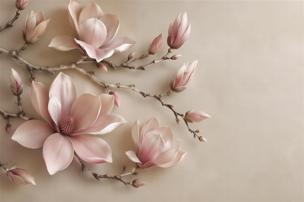 Fototapeten Puderfarbene Magnolie auf Zweigen