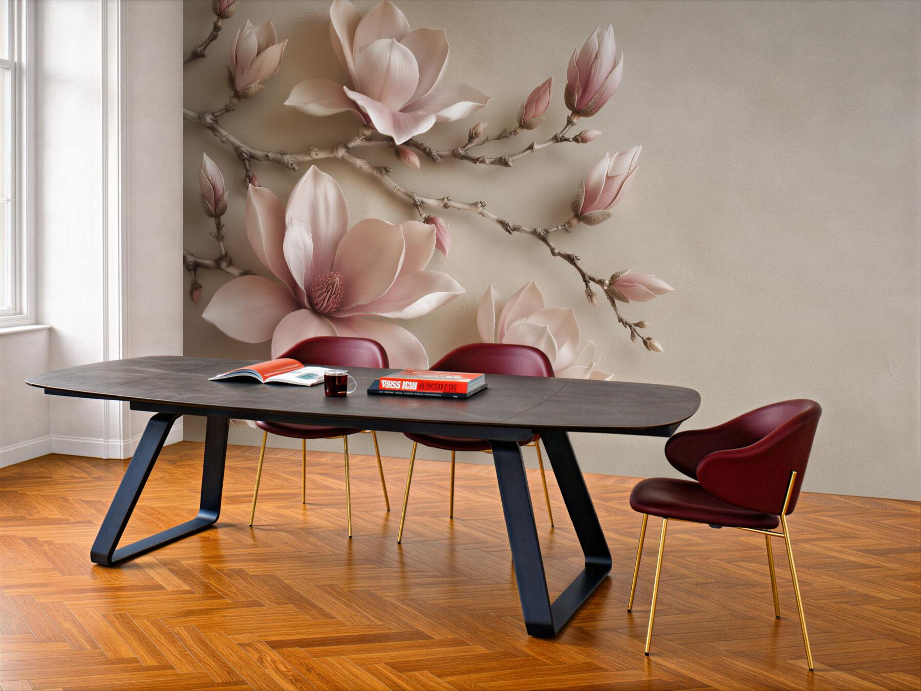 Fototapeten Puderfarbene Magnolie auf Zweigen