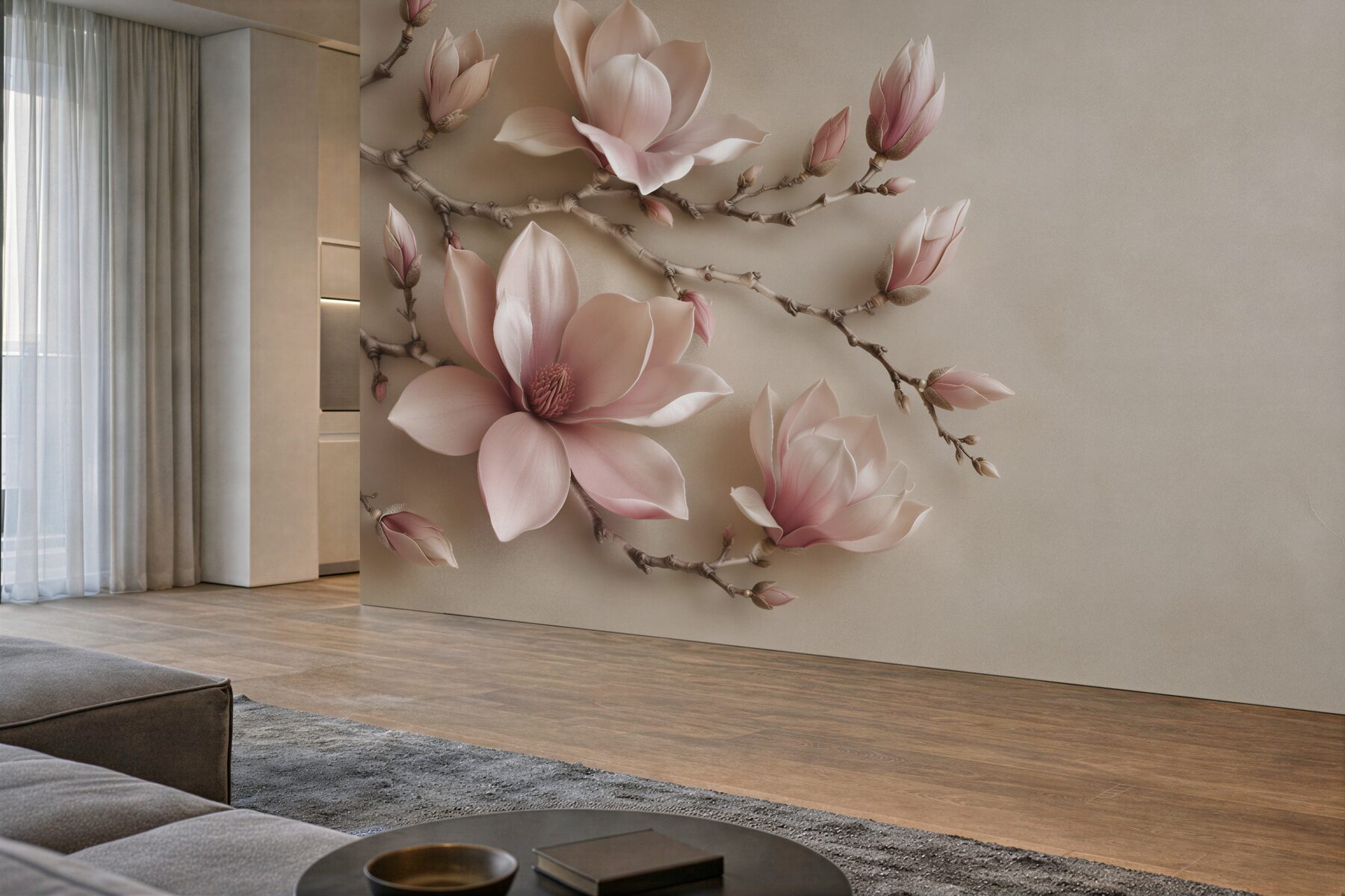 Fototapeten Puderfarbene Magnolie auf Zweigen