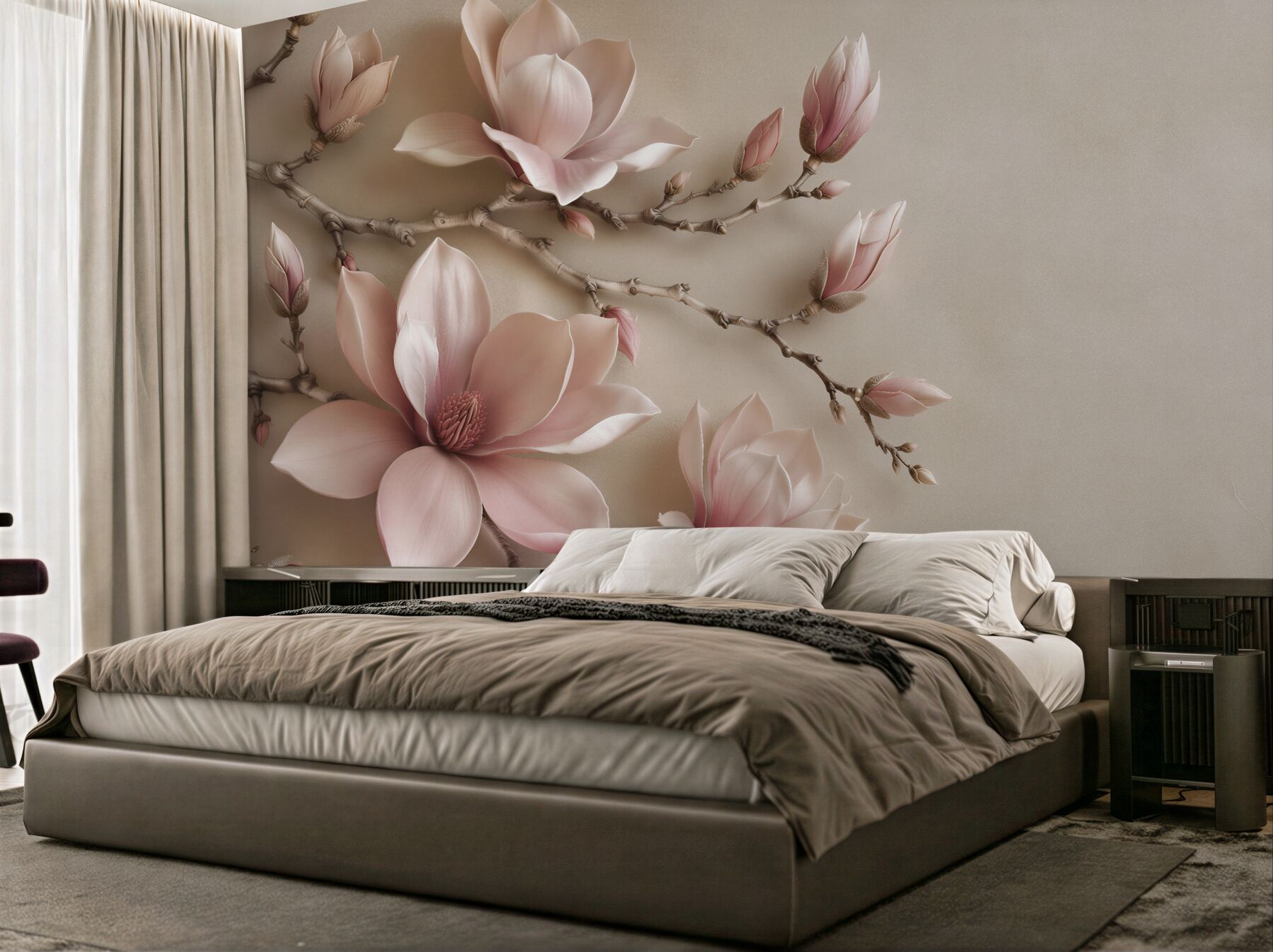 Fototapeten Puderfarbene Magnolie auf Zweigen