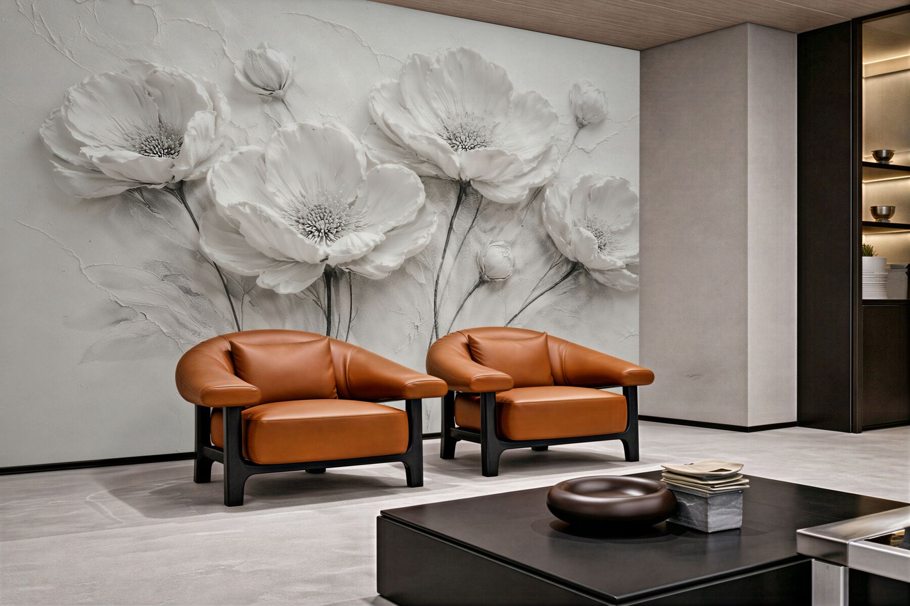 Fototapeten Weiße Blumen in elegantem Relief