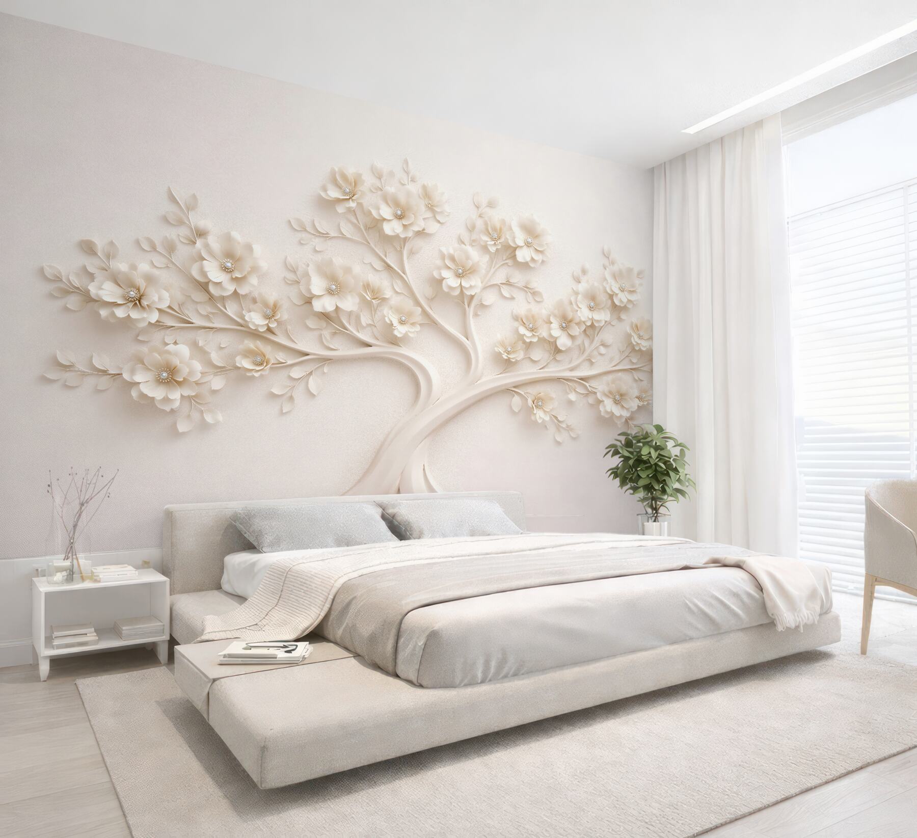 Fototapeten Cremefarbener Baum mit floralem Relief