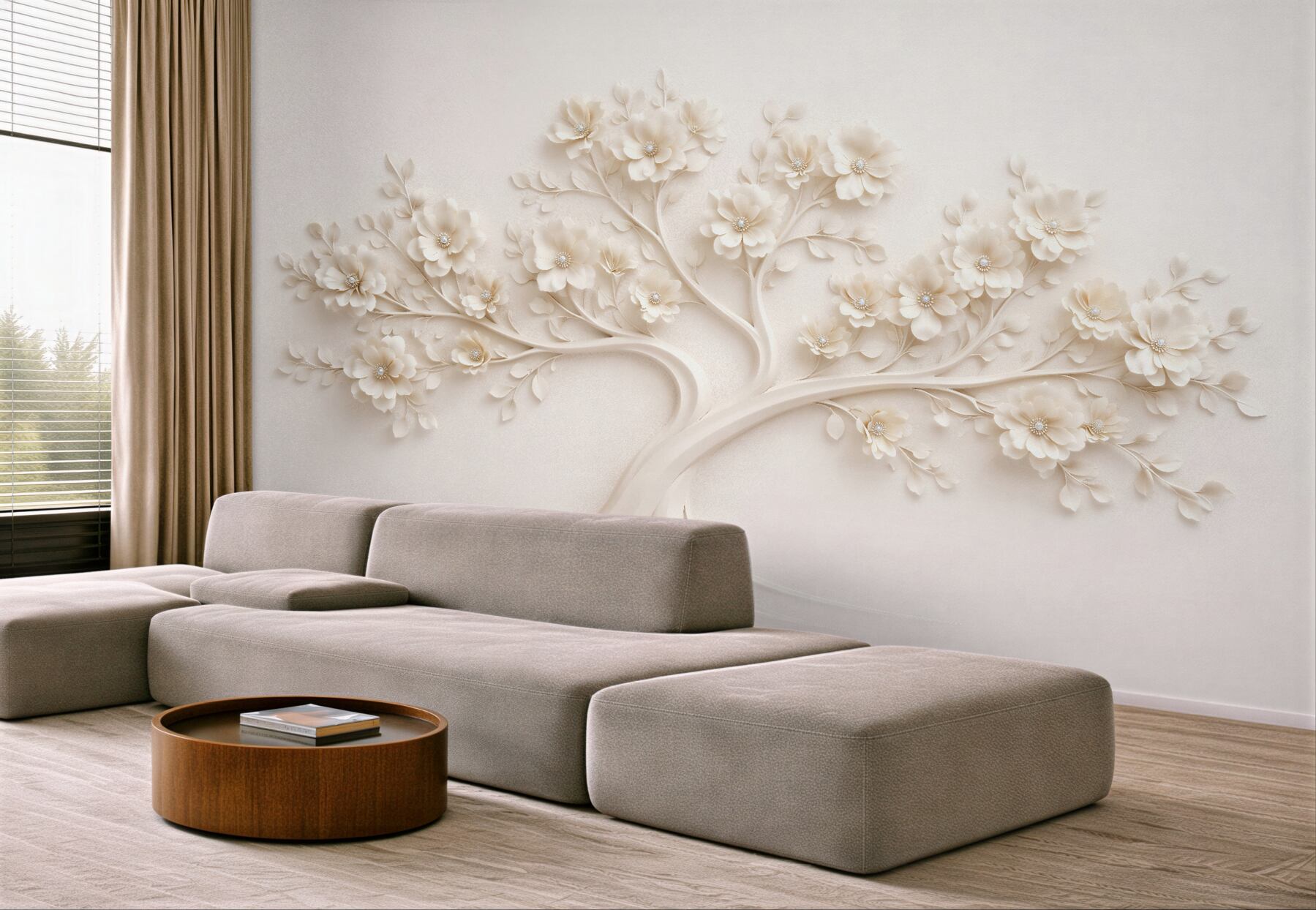 Fototapeten Cremefarbener Baum mit floralem Relief