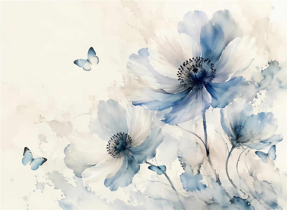 Fototapeten Blaue Mohnblumen mit Schmetterlingen Aquarell