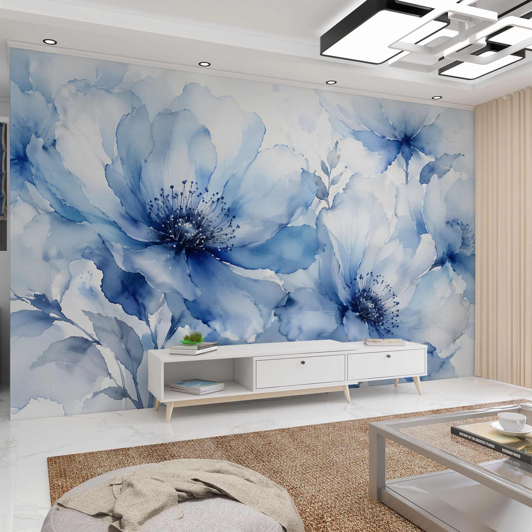 Fototapeten Blaue Blumen in Aquarell