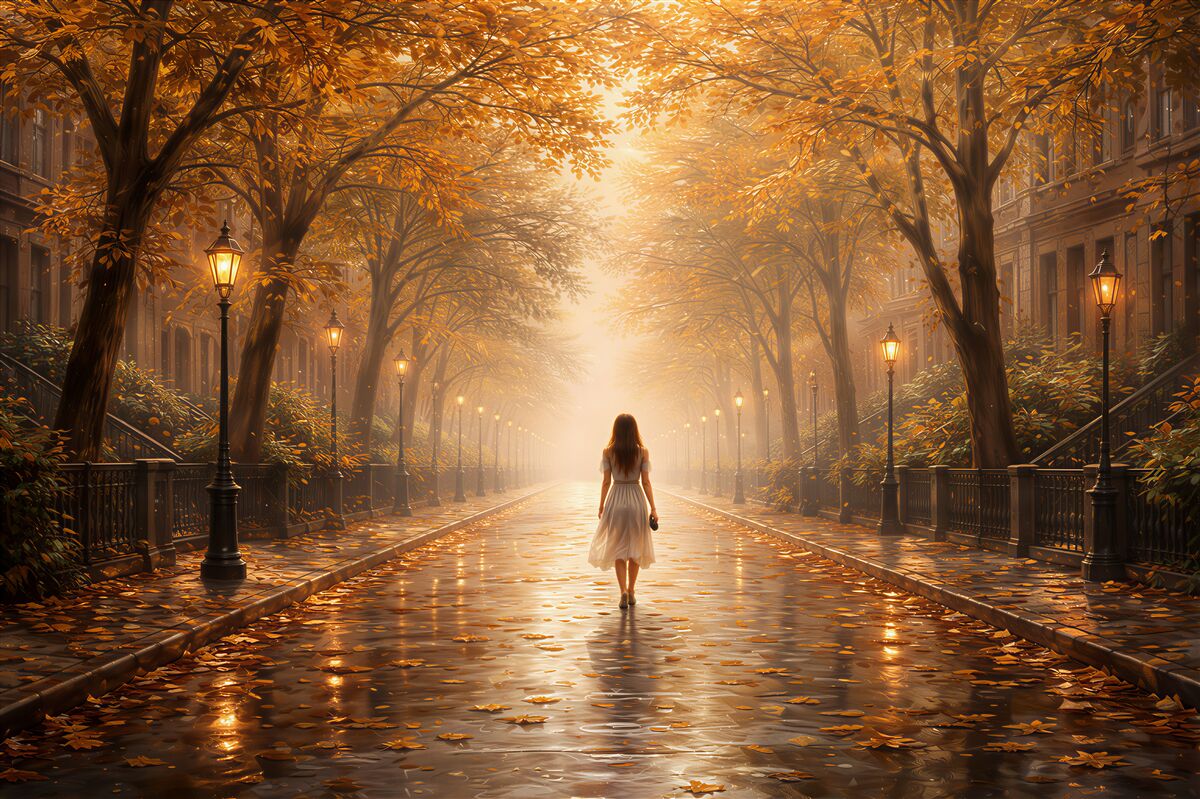 Fototapeten Goldene Allee im Herbstglanz