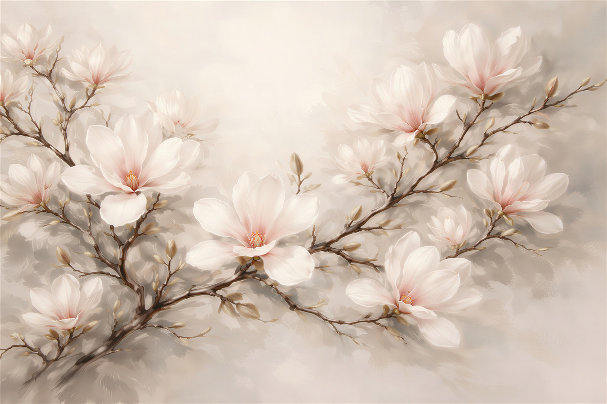 Fototapeten Pastellfarbene Magnolie an einem zarten Zweig