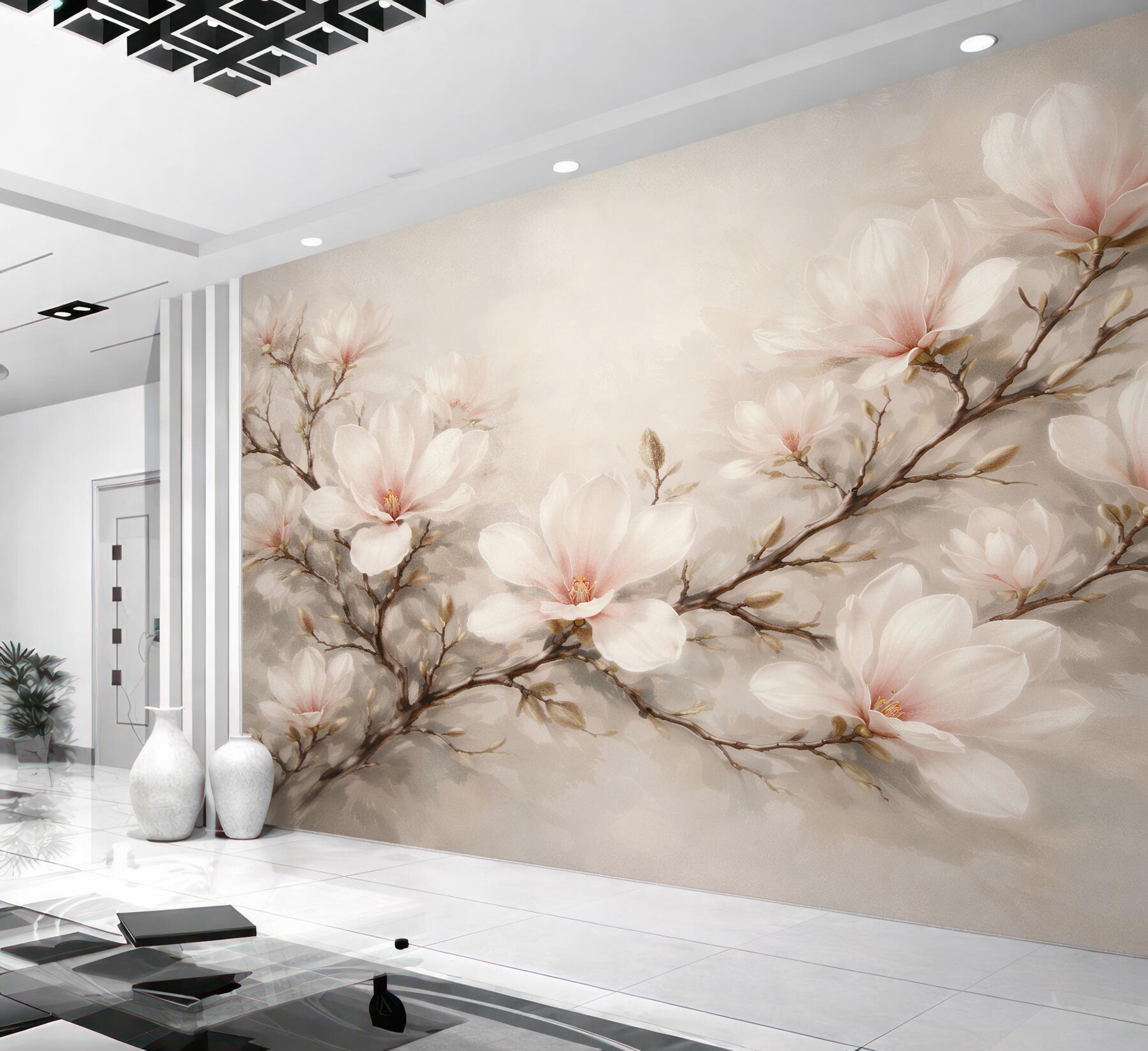 Fototapeten Pastellfarbene Magnolie an einem zarten Zweig