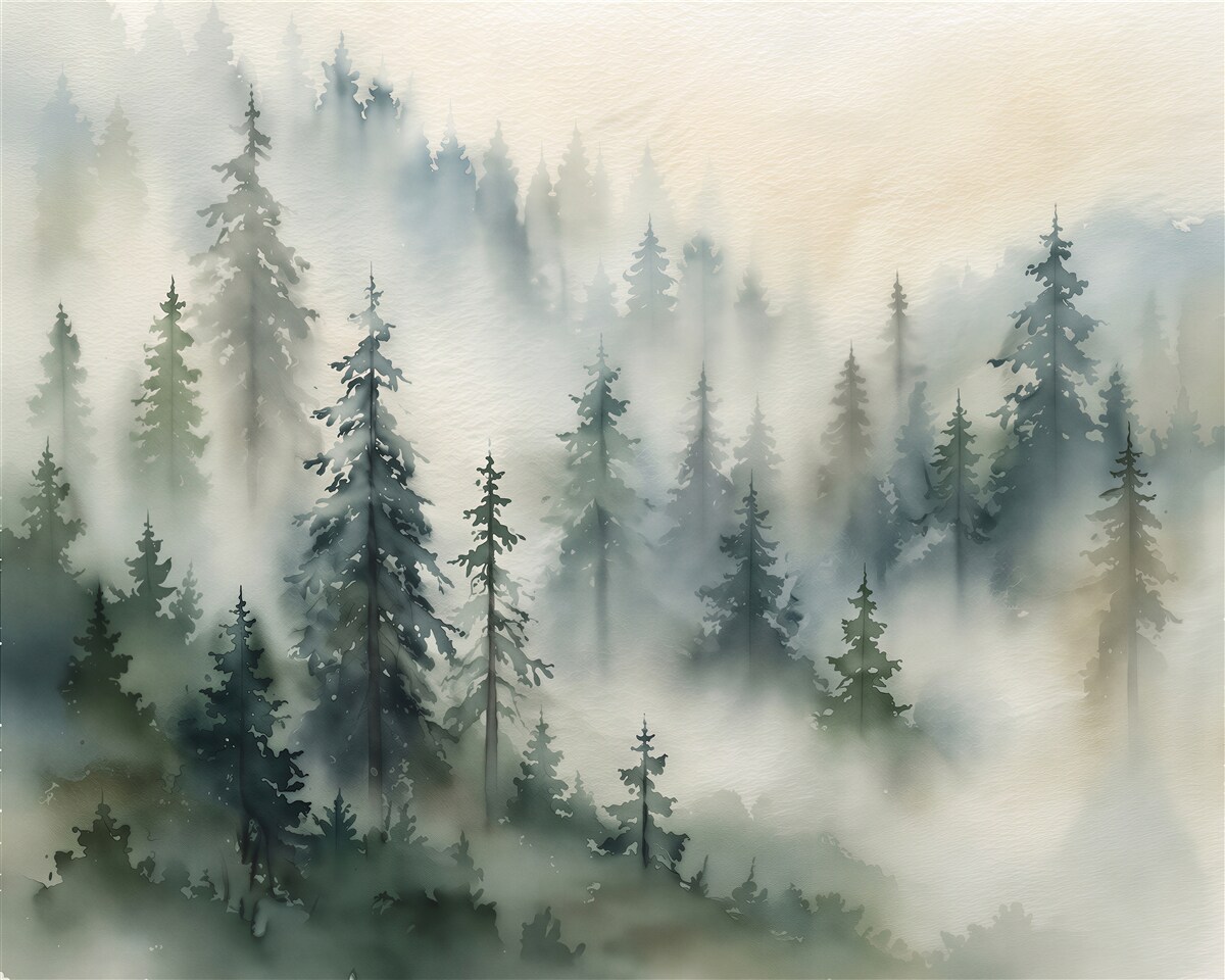 Fototapeten Aquarellwald im Nebel