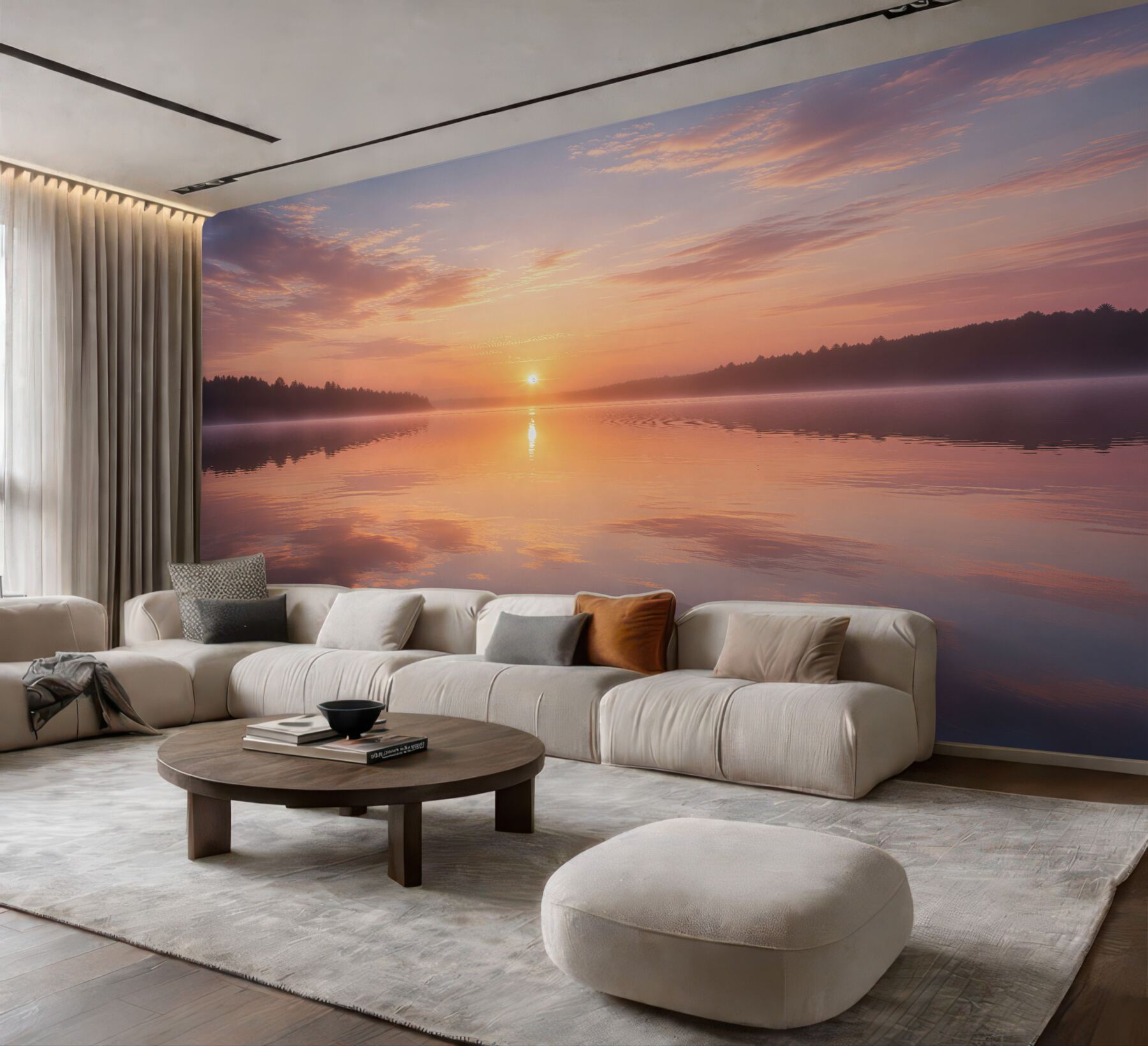 Fototapeten Pastellfarbener Sonnenaufgang über dem See