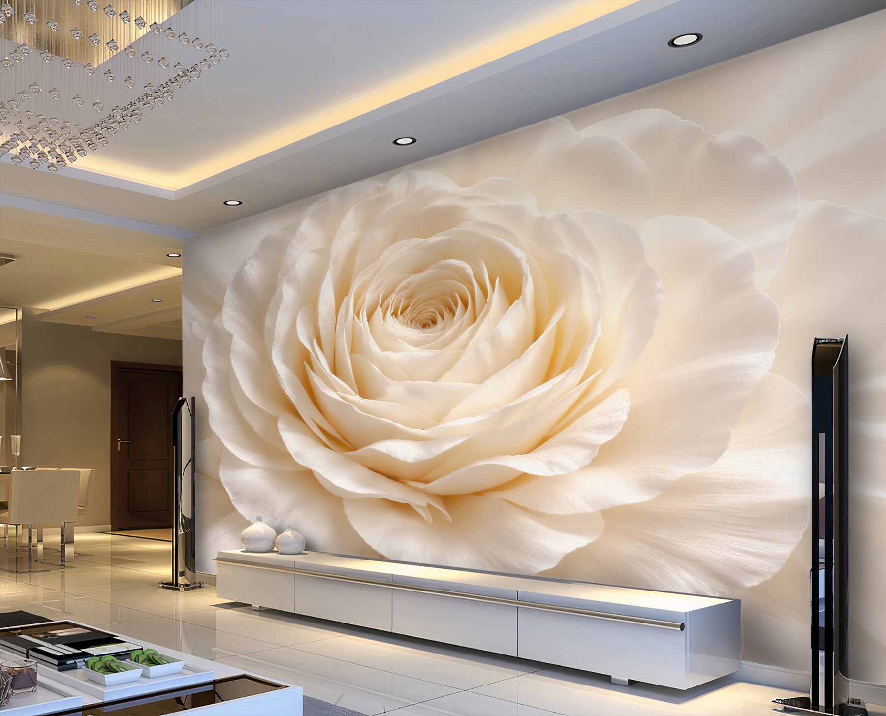 Fototapeten Cremefarbene Rose im Glanz
