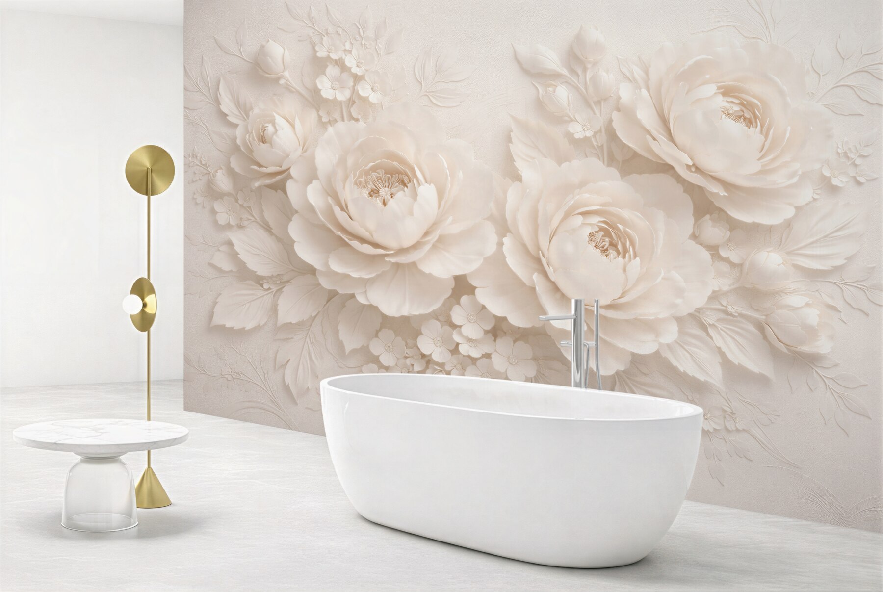 Fototapeten Cremefarbene Pfingstrosen in elegantem Relief