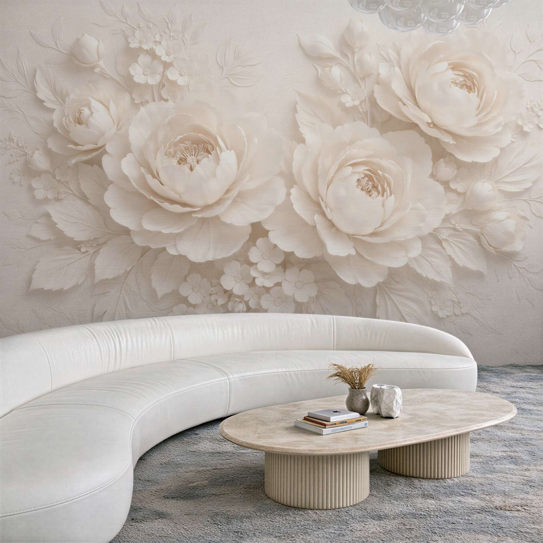 Fototapeten Cremefarbene Pfingstrosen in elegantem Relief