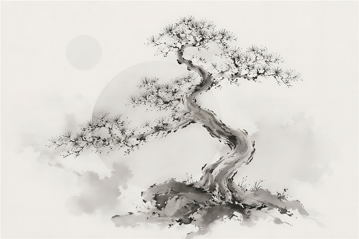 Fototapeten Bonsai in grauem Aquarell