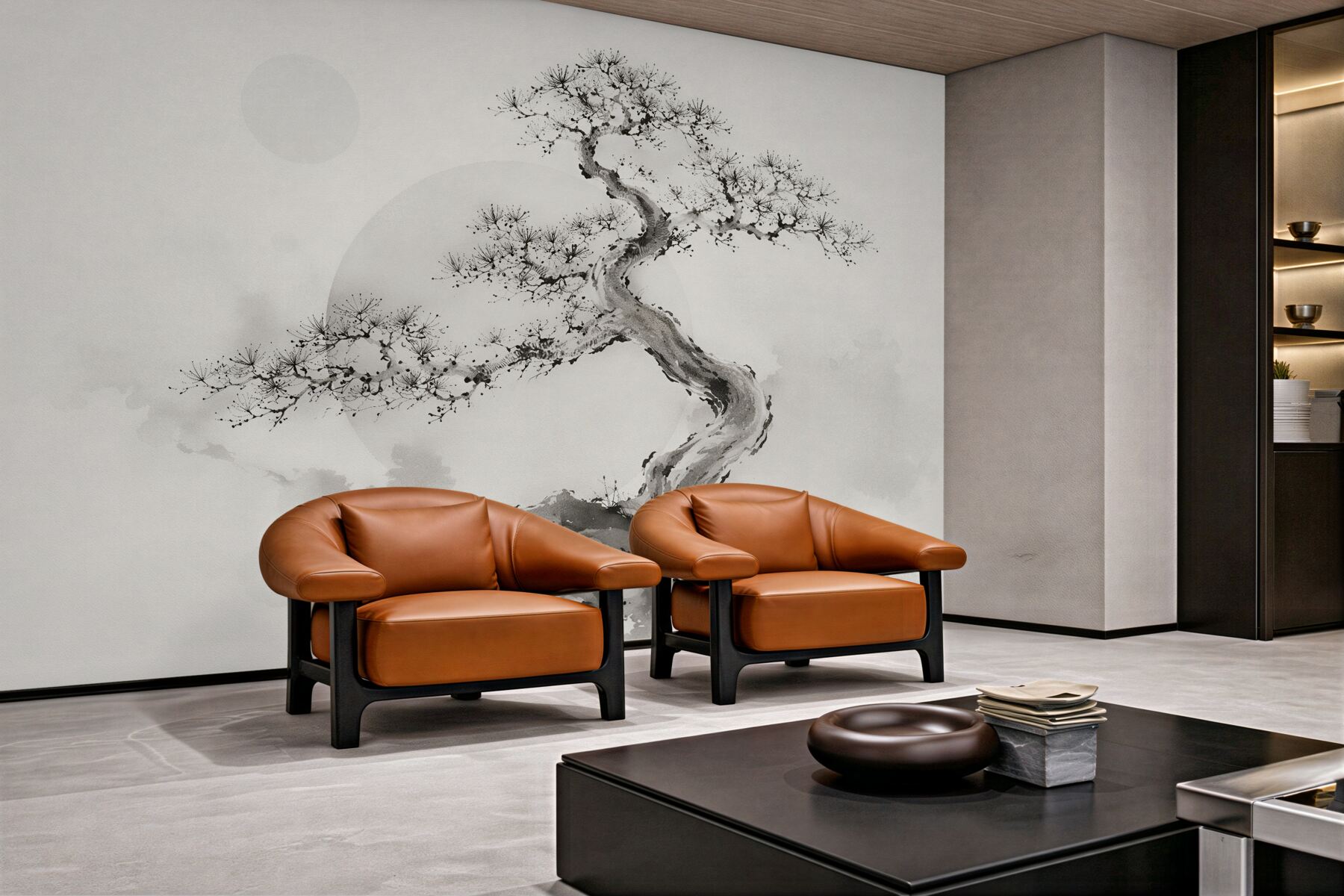 Fototapeten Bonsai in grauem Aquarell