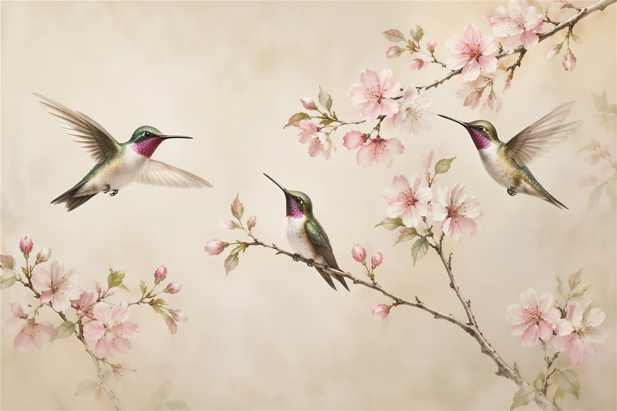 Fototapeten Kolibris zwischen blühenden Zweigen
