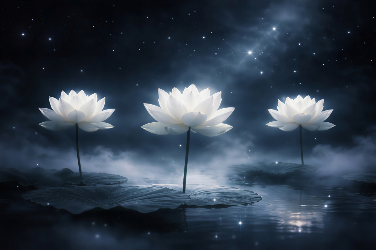Fototapeten Weiße Lotusblumen im Sternennebel