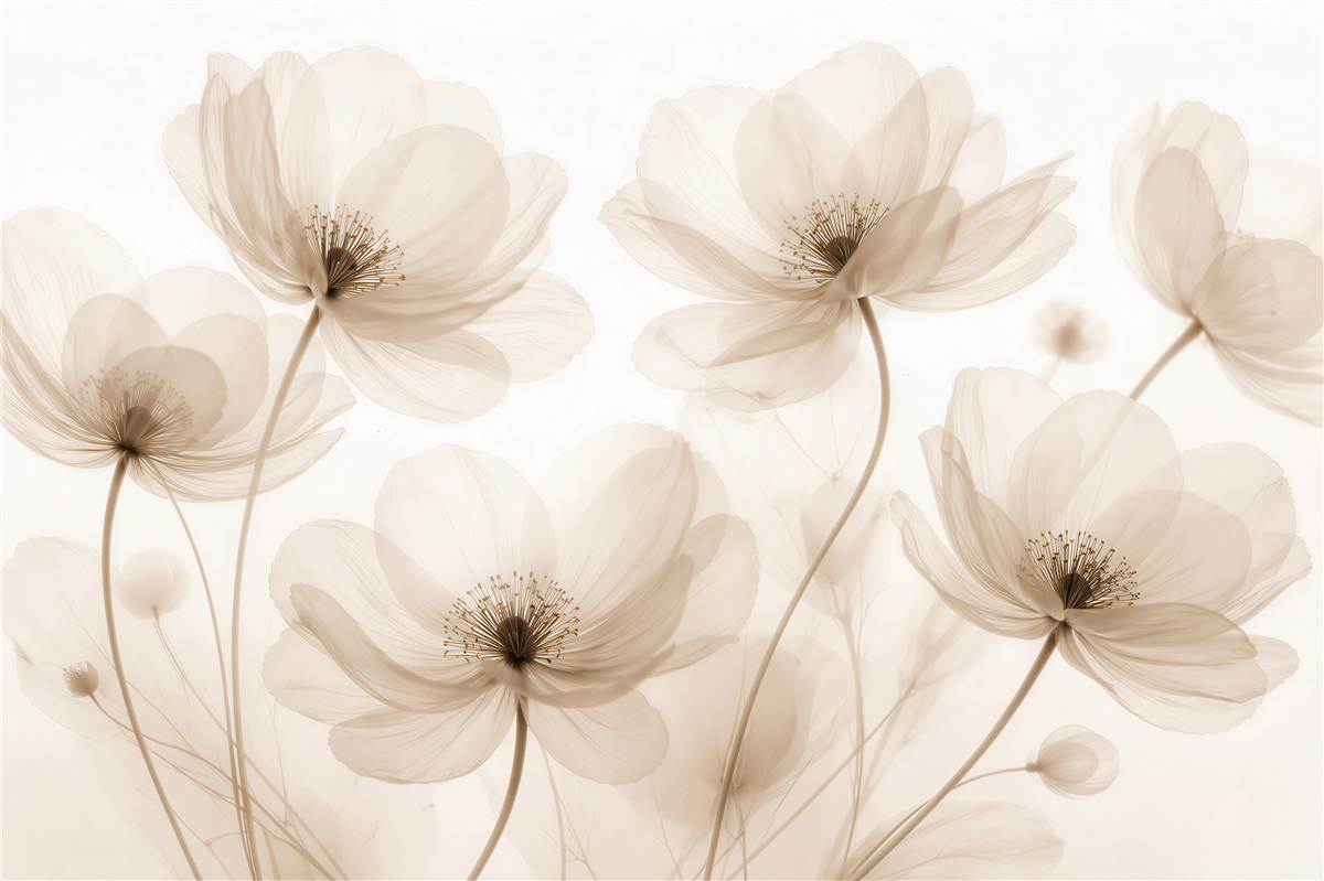 Fototapeten Zarte Blumen im beigen Nebel
