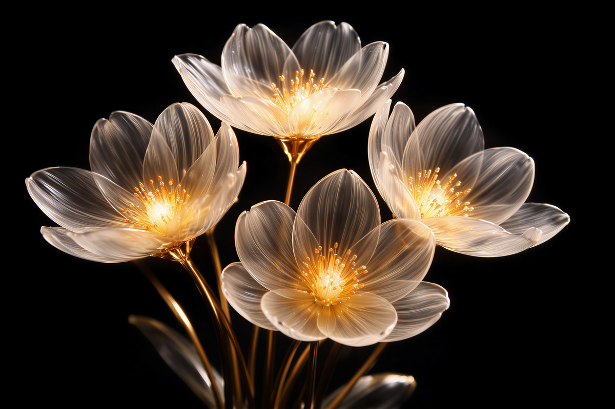 Fototapeten Goldene Glasblumen auf Schwarz
