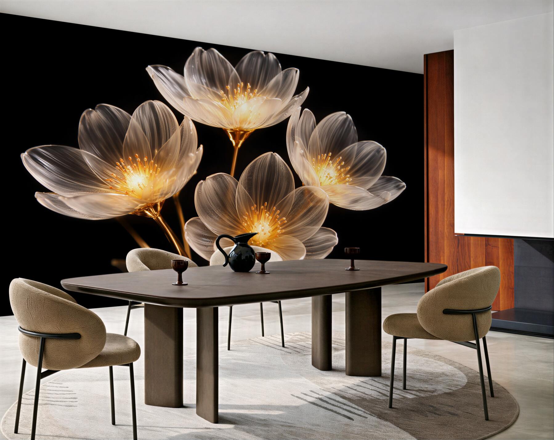 Fototapeten Goldene Glasblumen auf Schwarz