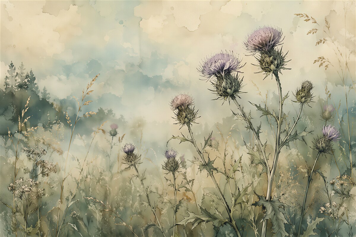Fototapeten Aquarell-Disteln auf einer Wiese