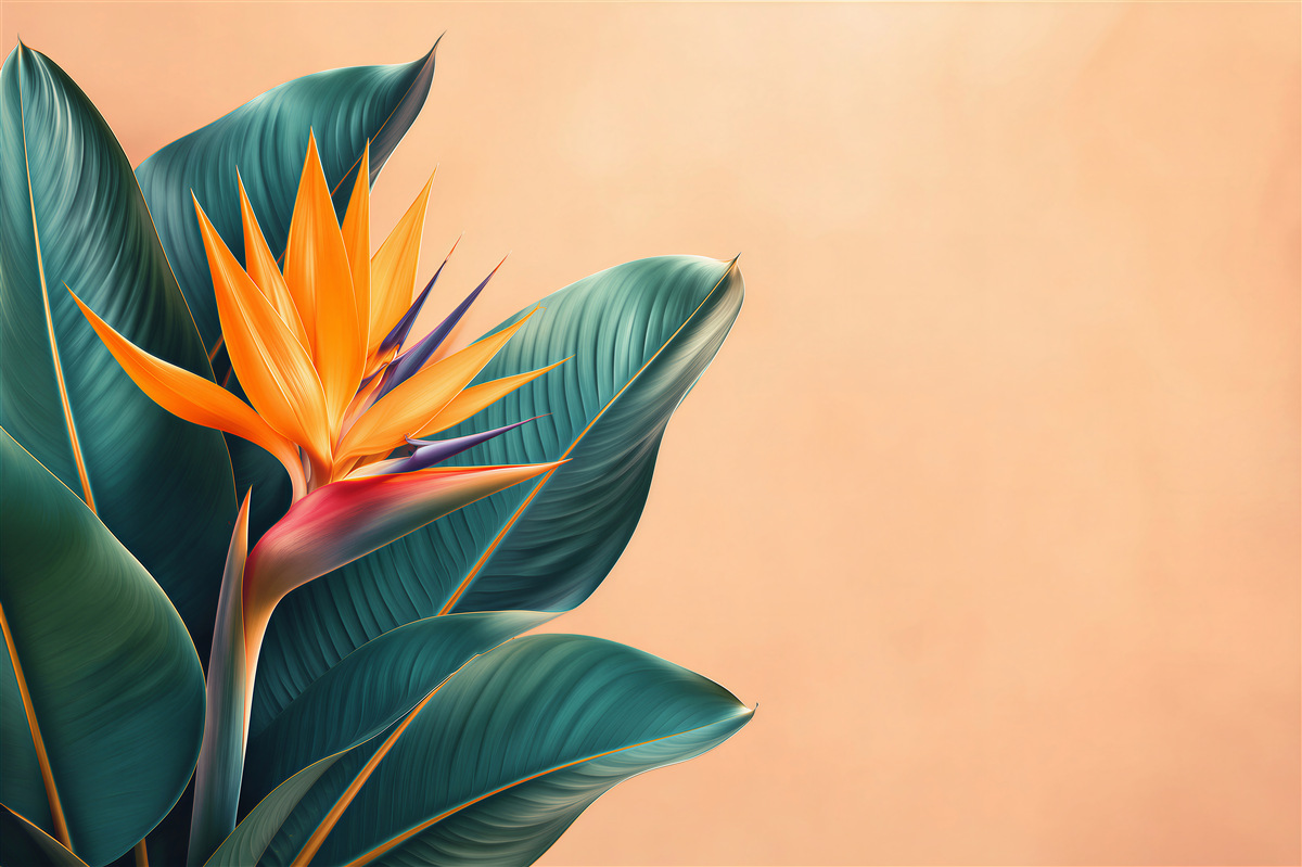 Fototapeten Exotische Blume und Palmblätter