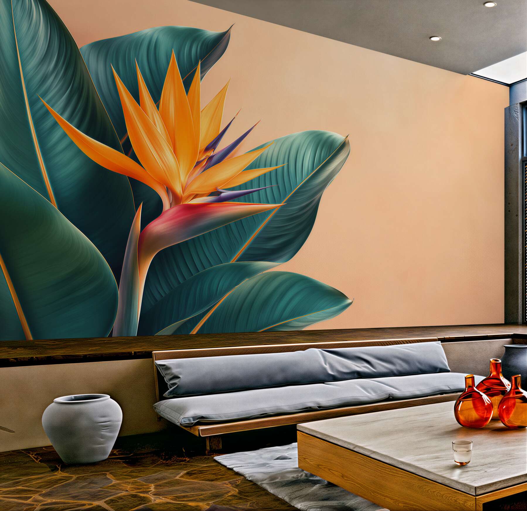 Fototapeten Exotische Blume und Palmblätter